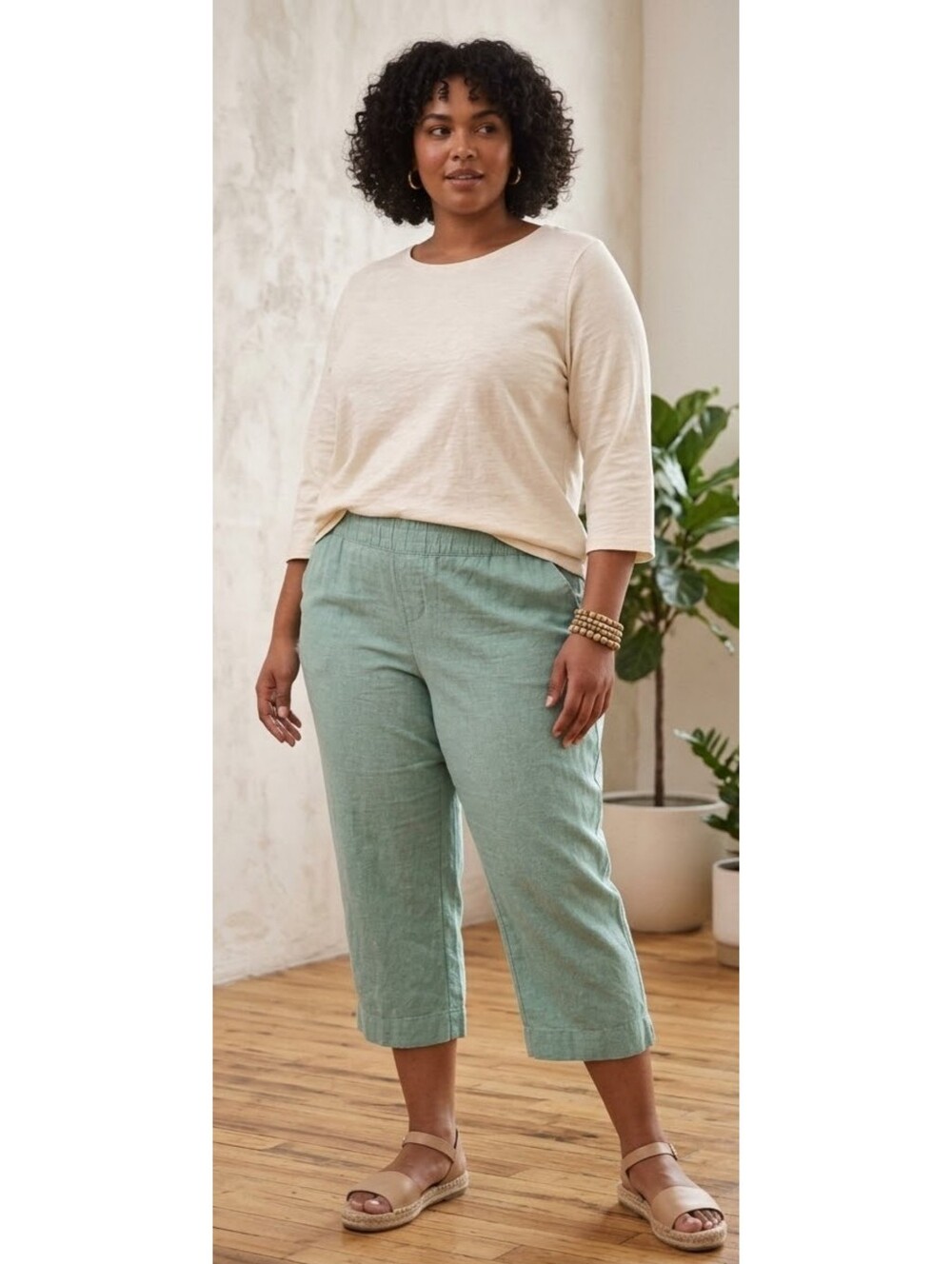 Lane Bryant Green Linen Blend Pull On Slub Pants